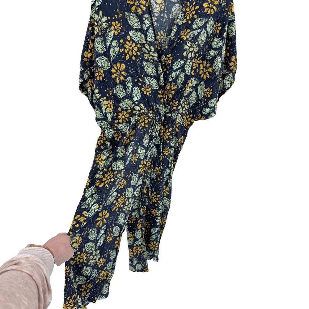 On The Road Womens Floral Batik Surplice V-Neck Drawstring Cropped Jumpsuit Navy